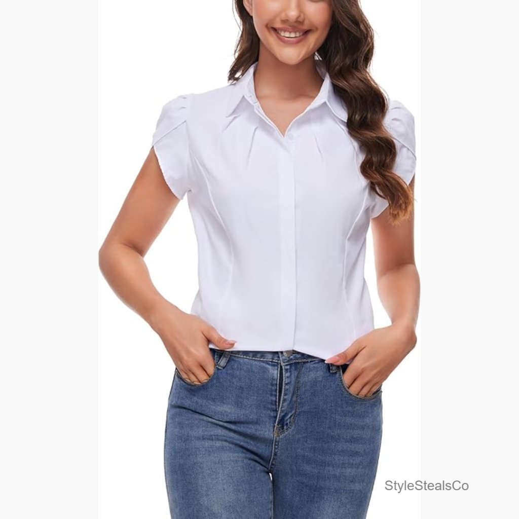 Fitted Button Down Blouse Tulip Sleeve Business Casual Work Top